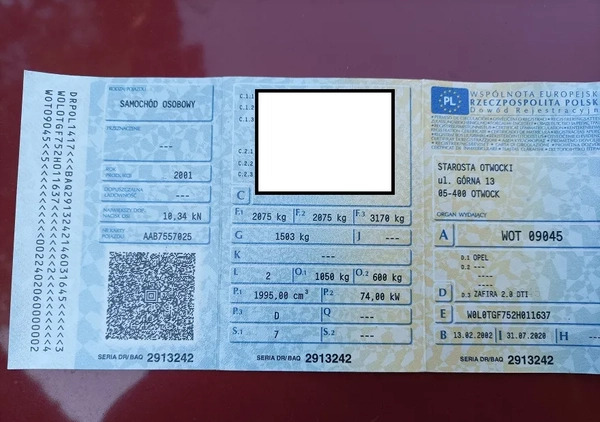 Opel Zafira cena 2900 przebieg: 384317, rok produkcji 2001 z Otwock małe 497